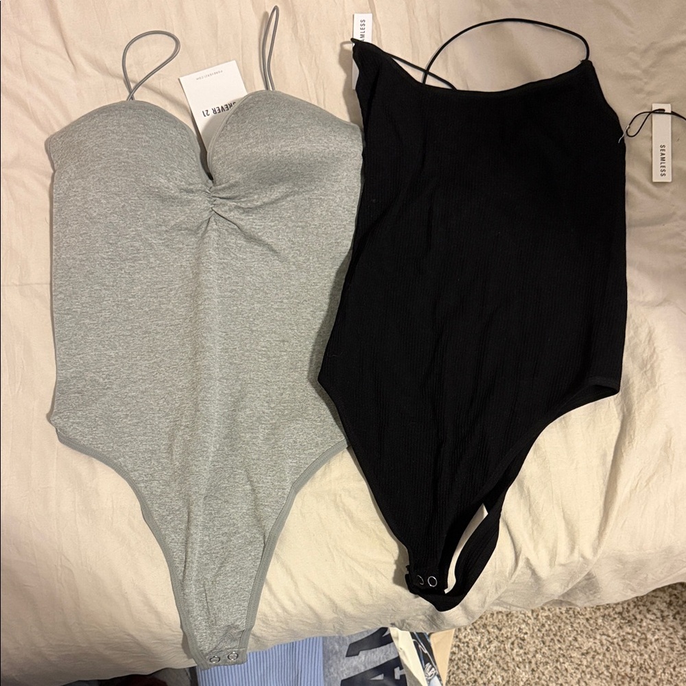 Women's Gray and Black Bodysuit Set